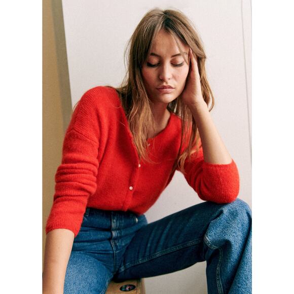 Sezane Sweaters - SeZane Gaspard Cardigan Beaded Rib Knit Round Neck Red - S